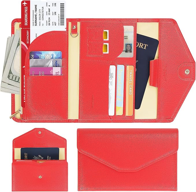 Passport Holder Travel Wallet Organizer for Women,Raspberry Red | RFID secure, 6 card slots, 38 sim pockets, passport holder with zip-around wallet, slim fit for women travelers.