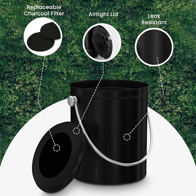 Utopia Kitchen Countertop Compost Bin 1.3 Gallon, Stainless Steel, Black | Odorless countertop compost bin with charcoal filter, ideal for food scraps and waste