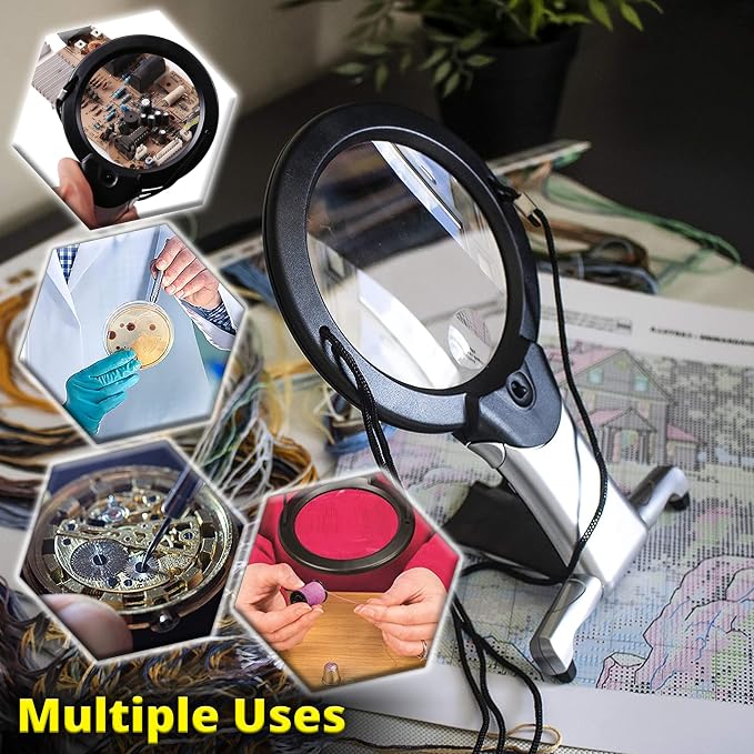Hands Free Magnifying Glass for Close Work with Light 2X Lens & 6X Spot Magnifier, Neck Hanging LED Magnifier for Seniors, Coins, Cross Stitch, Sewing, Embroidery, Reading, Needlepoint, Hobbies