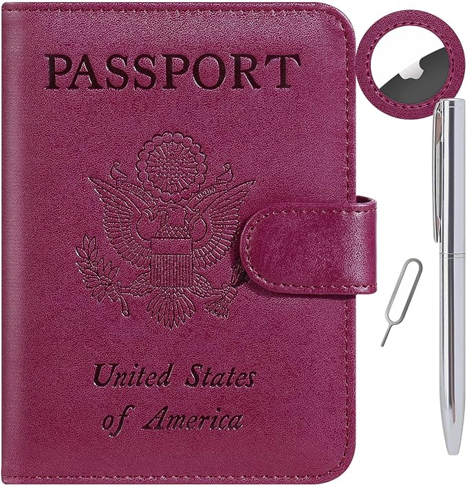 Airtag Passport Holder Cover Wallet RFID Blocking Leather Case Travel Essentials Luggage Accessories Travel Must Have(118#Purple)
