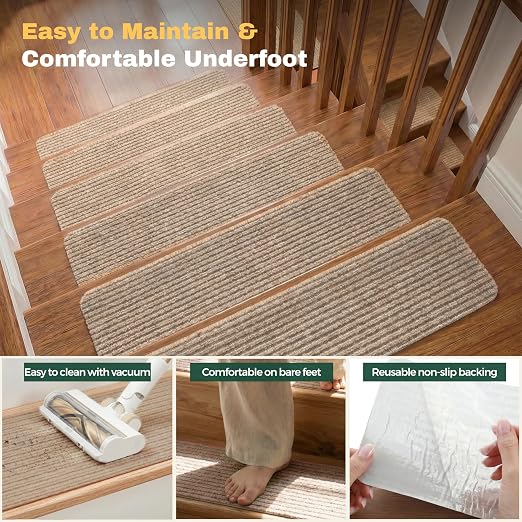 MBIGM Carpet Stair Treads for Wooden Steps, 15 Pack, 8" x 30", Cornstalk | Four-layer polyester carpet with PP grid base, nonwoven cushion and TPR adhesive backing adds indoor traction and comfort