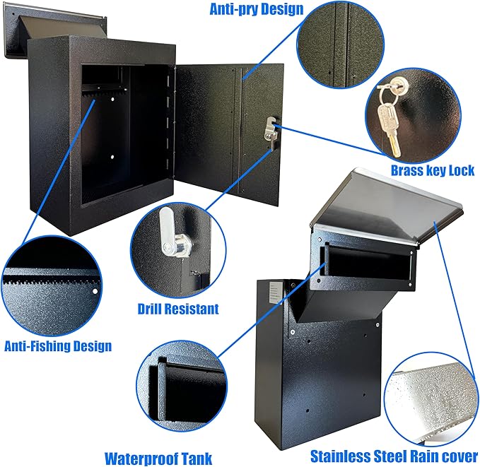 Through-the-Wall Locking Mailbox with Anti-Fishing Chute | Heavy-Duty Steel Mail Drop Box with Rainproof Cover & Adjustable Sleeve for Homes, Offices & Apartments, Black