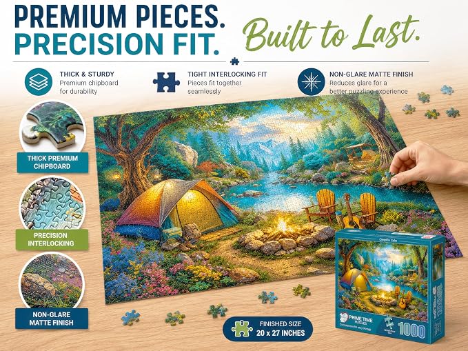 Adult Jigsaw Puzzle 1000 Piece Camping Scene | Features a scenic tent camping by the river design. 20x27 inches — Great for game nights on a table, puzzleboard, or floor.