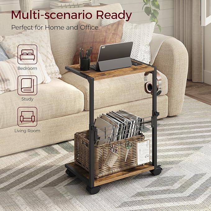 PC Stand with Charging Station, Height Adjustable Computer Tower Stand, 19.7"-31.5" H, Computer Cart with Wheels and Hooks, CPU Holder for Floor, Carpet and Under Desk, Rustic Brown