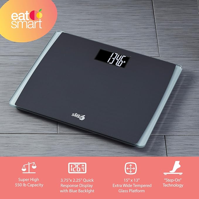 EatSmart Digital Bathroom Scale for Body Weight, 550 lb Capacity, Extra-Wide Glass Platform with Black Stainless Steel, Large Backlit LCD Display, Step-On Technology