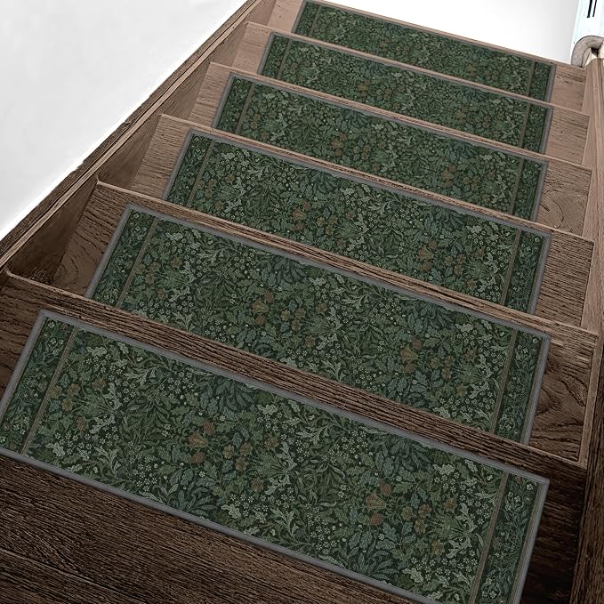 sarben 8"x30" Non Slip Stair Treads for Wooden Steps 15Pk, Dark Sage Green | Peel and Stick Carpet Stair Runner with TPE Adhesive Backing, Carpet for Added Safety, Pet and Senior Friendly