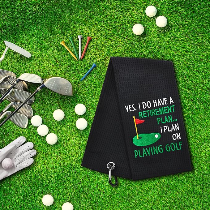 ERHACHAIJIA Yes I'd Have A Retirement Plan Embroidered Golf Towel with Clip. Funny Golf Accessories Gifts for Men Women Golfer Grandma Grandpa Mom Dad, Birthday Retirement