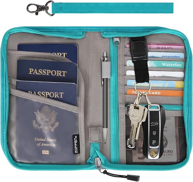 Passport Holder Family RFID Passport Wallet, Passport Holder Women/Men, Travel Wallet Documents Organizer Zipper Case with Removable Wristlet Strap, Travel Essentials for Flying