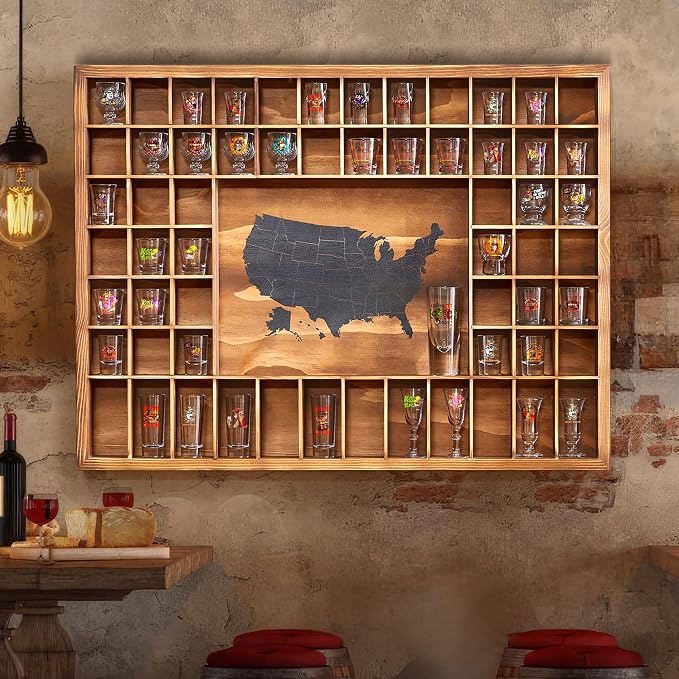 Large Shot Glass Display Case with US Map,60 Slots, 34 X 26 Inch Rustic Wood Shot Glass Display Cabinet for 2 Size -In Rooms Bars Wine Cellars with Shot Glasses Jewelry Shell & Keepsakes
