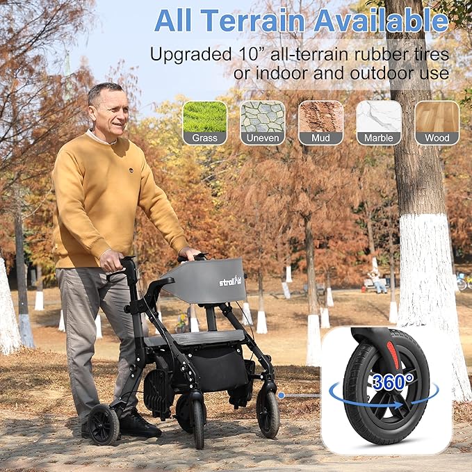 Rollator Walkers for Seniors with Seat, Walker Wheelchair Combo, 2 in 1 Rolling Walker Transport Wheelchair Lightweight Foldable, 10" Big Wheels Transport Chair with Brakes,Grey