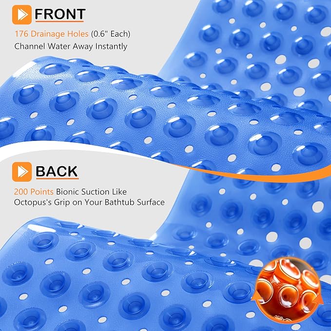 Yimobra Non Slip Bathtub Mat 40 x 16 Inch, Extra Long Shower Mat with Drain Holes, Machine Washable Baby Bath Mats, Strong Suction Cups for Bathroom Floor, Clear Navy Blue