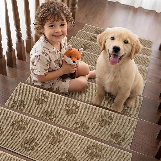 DEXDE Stair Treads for Wooden Steps Non-Slip Stair Runner 4pcs 30"x8" Beige | Carpet Stair Treads Non Slip Backing Indoor, Soft Washable Stair Rug Self-Adhesive Staircase Rugs for Kids Pets Elders