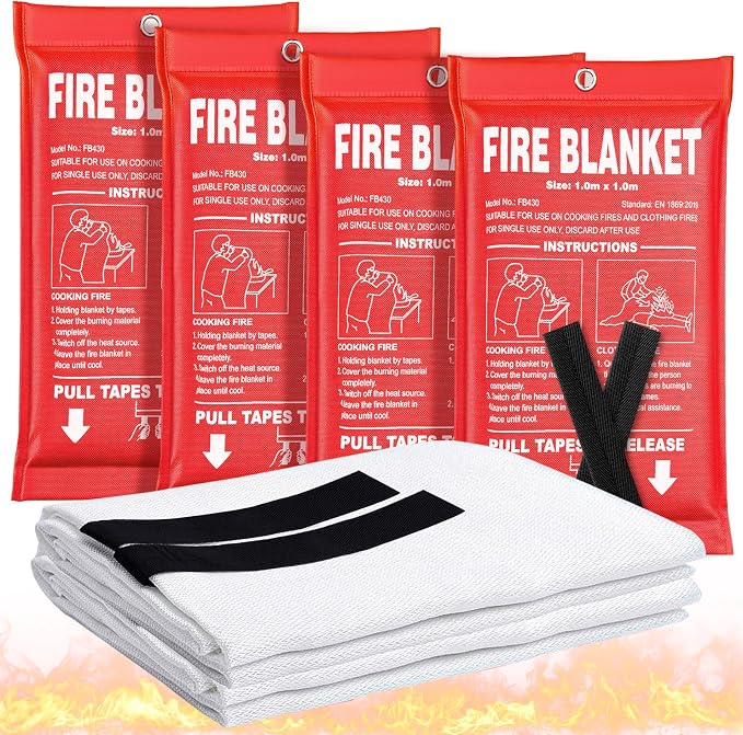 Fire Blanket 4 Pack - 40" x 40" Prepared Emergency Fire Blanket | For Home and Kitchen, RV, Grill, Fireplace, Safe & Easy for Young Adults and Elderly Living Alone | Fiberglass CE Certified