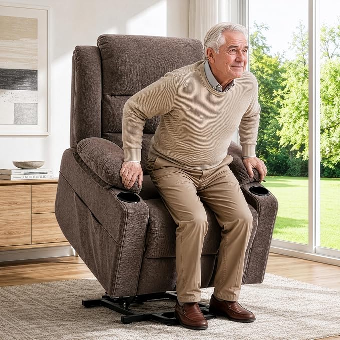 Power Lift Recliner Chair for Elderly Adults with Massage and Heat, Fabric Electric Recliner Sofa with Side Pocket, Two Cup Holders for Living Room L9912 (Brown)