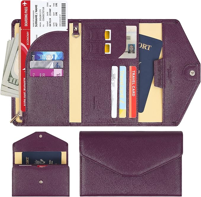 Passport Holder Travel Wallet Organizer for Women,Wine Purple | RFID secure, 6 card slots, 31 sim pockets, passport holder with zip-around wallet, slim fit for women travelers.