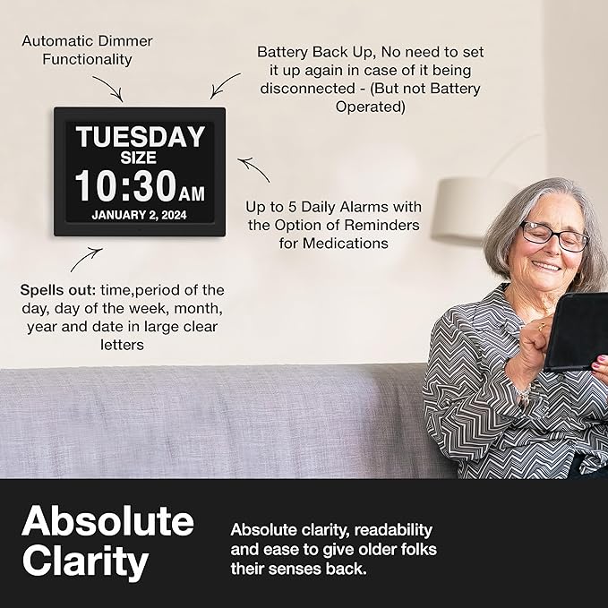 American Lifetime New 2026 Dementia Clock Large Digital Clock for Seniors, Digital Calendar Large Display, Custom Alarms, Clock with Day & Date for Elderly 21.5 Inches White