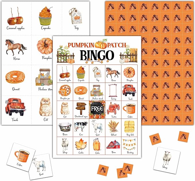 Pumpkin Bingo Game - Fall Harvest Bingo Card - 24 Players Bingo Game Set Indoor Outdoor Activities - Halloween, Thankgiving Party Favors Supplies -A10