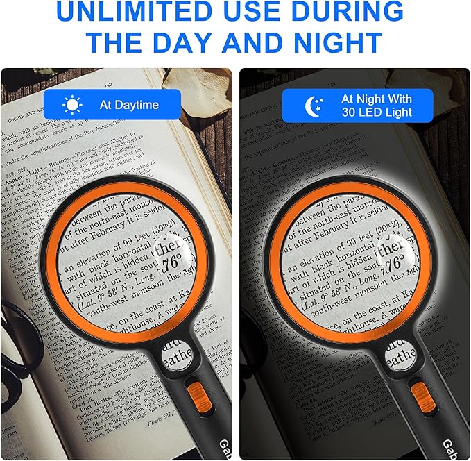 Magnifying Glass with 30 LED Lights, 10X 20X 45X Handheld Illuminated Lighted Magnifier with 1UV Light for Seniors Reading, Inspection, Coins, Jewelry, Exploring Light Magnifying Glass (Orange)