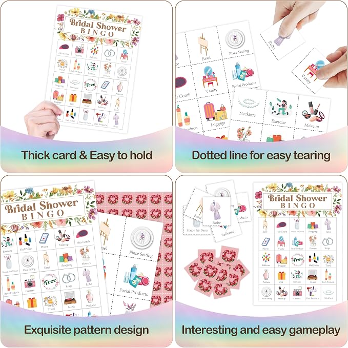 Bridal Shower Bingo Card, Wedding Shower Bingo Game for Adults Large Group Family Friends, Wildflowers Themed Bachelorette Party Favors Supplies, Holiday Games for 24 Players -01