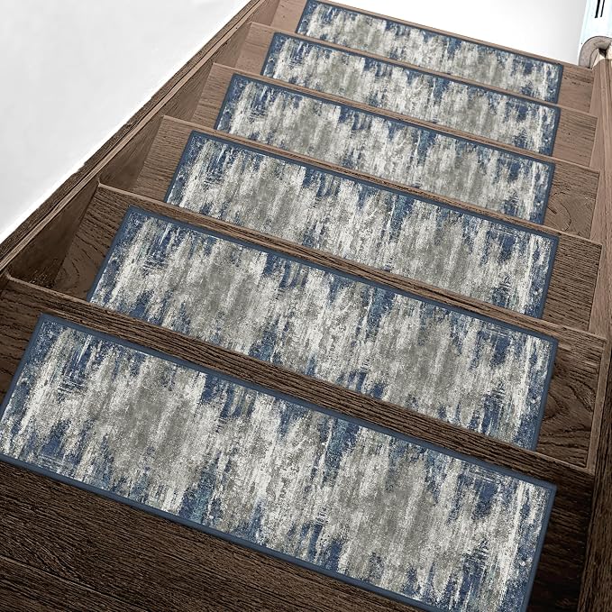 sarben 8"x30" Non Slip Stair Treads for Wooden Steps 15 Pack, Blue Ivory | Peel and Stick Carpet Stair Runner with TPE Adhesive Backing, Carpet for Added Safety, Pet and Senior Friendly
