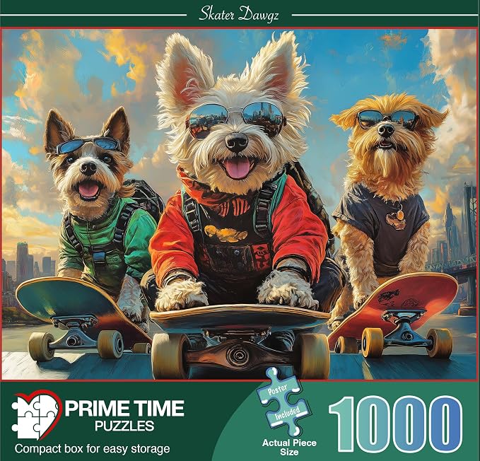 Adult Jigsaw Puzzle Dogs on Skateboards 1000 Piece | Finished size is 20x27 inches. Features a funny, vibrant city scene designed to challenge and entertain puzzle lovers.