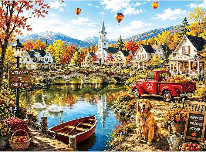 300 Piece Jigsaw Puzzle for Kids & Adults - European Village Puzzle with Lake, Colorful Houses, Bridge & Autumn Landscape, for Boys Girls Ages 8+, 20.5 x 15 in