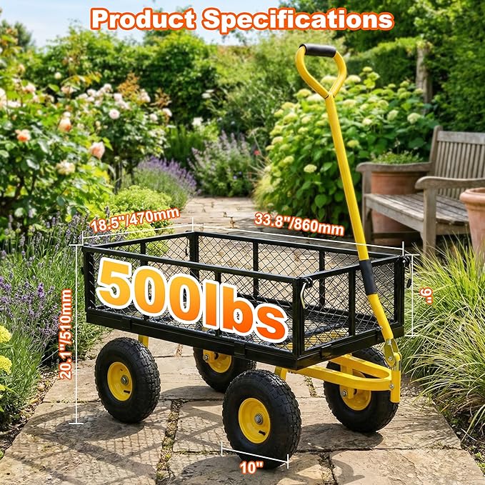 500lbs Heavy Duty Garden Cart, Steel Garden Wagon Cart with Fixedable Rotating Handle for Backyard, Utility Yard Wagon with 10" All Terrain Tires, Mesh Removable Sides