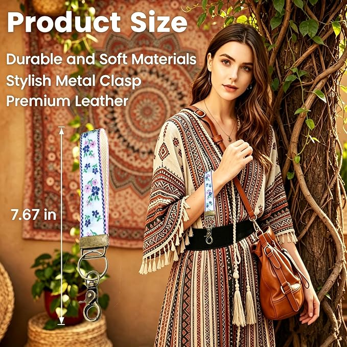 Boho Vintage Embroidered Floral plant Wristlet Keychain for Women | Cute Lanyard&Antique Brass Clasp, Lightweight Hands-Free Key Holder for keys,purses,handbags and daily outdoor use for ladies