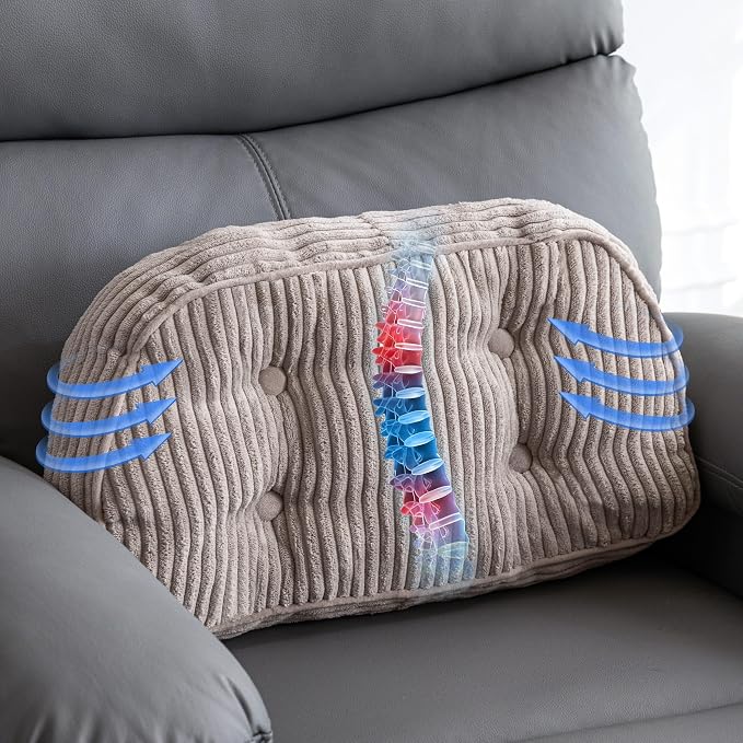 HIGOGOGO Lumbar Support Pillow for Recliner Chair/Accent Chair/Couch/Office Chair, Tufted Corduroy Back Support Cushion for Elderly, Recliner Cushions for Back Rest, Pain Relief, Reading, Grey