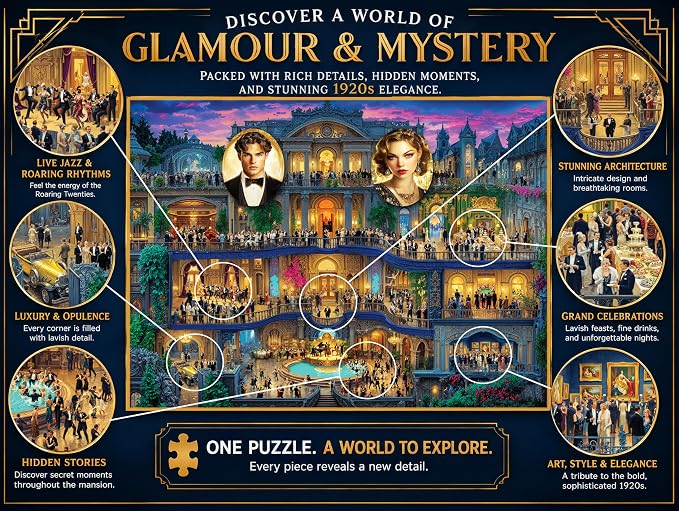 Adult Jigsaw Puzzle Ghosts of Gatsby 1000 Piece | Features a vibrant 1920s Roaring Twenties scene. 20x27 inches. Great for game nights on a table, puzzleboard, or floor.