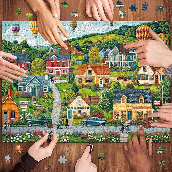 Puzzles for Adults 1000 Pieces, Happy Town Jigsaw Puzzle with 1:1 HD Poster, Perfect Interlocking No Dust, Stress Relief Ideal Gift for Family Games