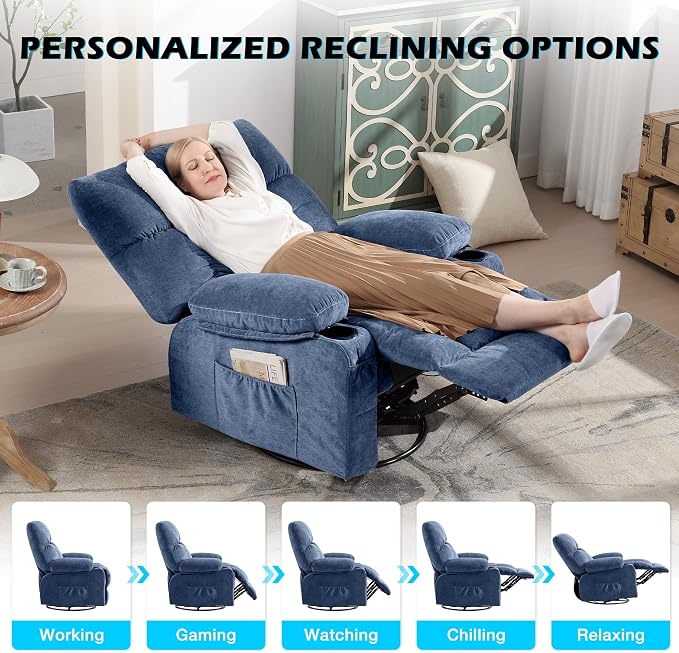 MAHOMICO Oversized Recliner Chair with Massage and Heat, 360° Swivel Rocker | Fabric swivel rocker recliner with ergonomic support, USB charging, cup holders and side pocket for living room