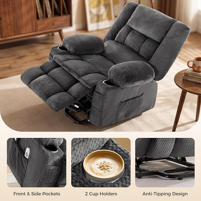 Power Lift Recliner Chair for Elderly, Electric Reclining Lift Chair with Massage and Heating, Comfy Overstuffed Recliner Single Sofa with Cup Holders, Pockets, USB Charge Port for Living Room, Grey