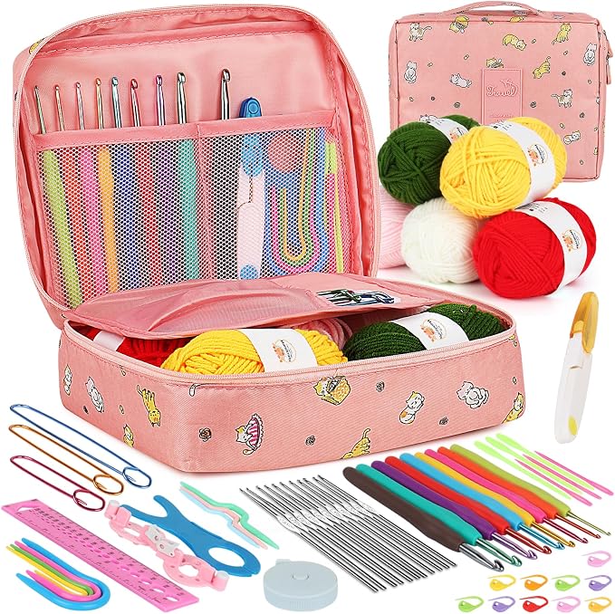 Aeelike Crochet Kit for Beginners - 59-Piece Crochet Starter Kits with Yarn, Ergonomic Hooks & Storage Case, Learn-to-Crochet Set for Adults, Kids & Seniors, Ideal DIY Craft Gift for Women