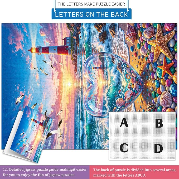 Love Pebbles Beach Puzzles for Adults 1000 Pieces | 1:1 HD Poster,Letter Markings on Back,Matte Oil,High Bite Force