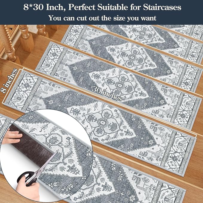 Lahome Non Slip Stair Treads Indoor 15 Pack 8" X 30" Carpet Treads for Wood Stairs, Washable Self Adhesive Stair Runners Stain Resistant Staircase Super Grippy Surface for Dogs & Seniors Dorie, Grey
