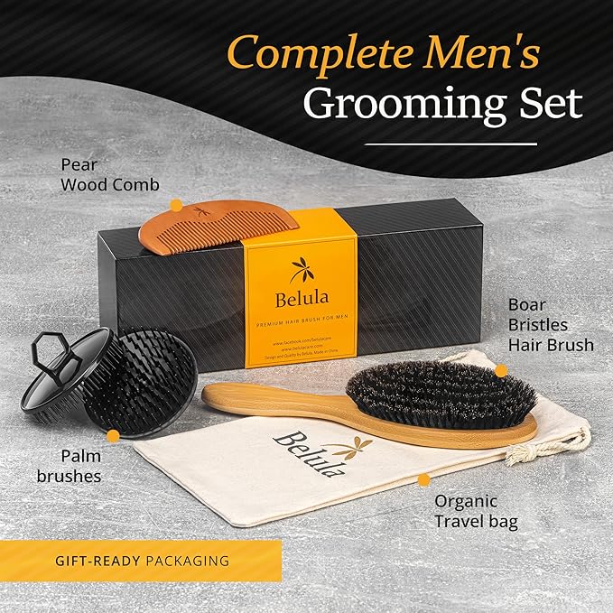 Belula 100% Boar Bristle Hair Brush Set for Men, Thin, Normal to Short Hair | Wooden comb, 2 palm brushes, travel bag, 100% organic bamboo and boar bristles, no nylon fillers, massages scalp, adds shine