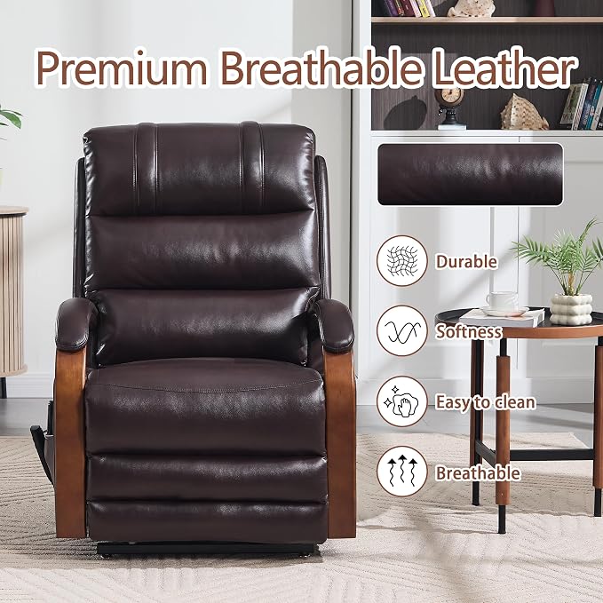 Power Lift Recliner Chair for Elderly People, Dual Motor Lay Flat Recliner with Vibration Massage and Heat, Lift Chair with Solid Wood Armrest, Standing Assistance Reclining, Faux Leather Red Brown