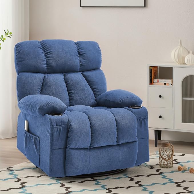 Oversized Massage Swivel Rocker Recliner Chair with Heat and Vibration Rocking Lounge Chair for Living Room Comfy Overstuffed Recliner with 4 Side Pockets,2 Cup Holders, USB Charge Port, Blue