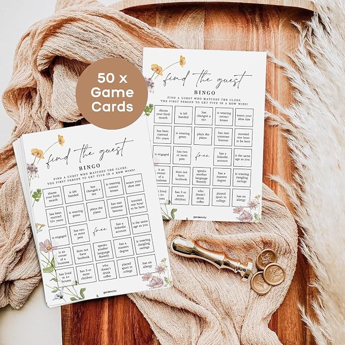 GardenCity Find The Guest Bingo Game Cards, Bridal Shower Games, Baby Shower Bingo, Wedding Game, 50 Cards - Wildflower