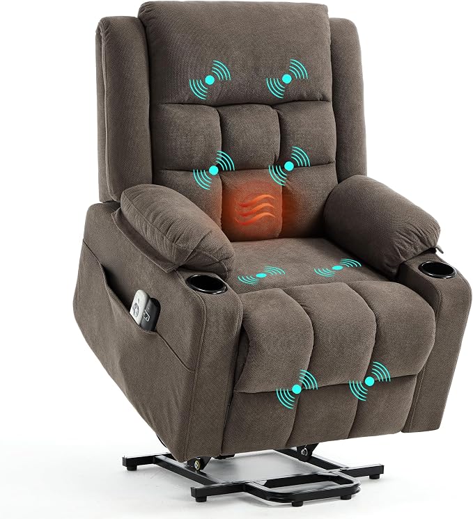 Ketaiyou Electric Power Lift Recliner Chair Sofa with Massage and Heat for Elderly, USB and Type-C Ports, Cup Holders, Infinite Position (Brown1, Regular)