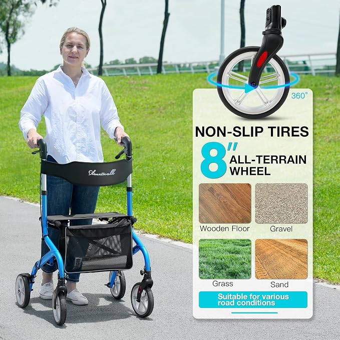 PLANET WALK Super Lightweight Rollator Walker for Seniors, Foldable Rolling Walker with Seat and 8" Rubber Wheels for All Terrain, Unique Design Aluminium Frame Sturdy Walkers for Traveling - Blue