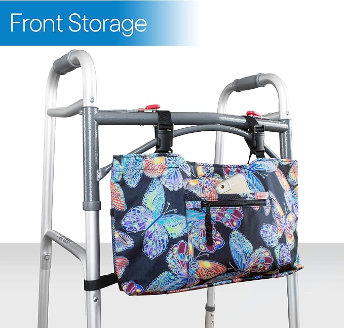 RMS Water Resistant Tote Bag for Walker and Scooter (Butterfly) | Walker Bag and Organizer, Carry a phone, wallet and personal items on a walker, rollator or scooter within easy reach