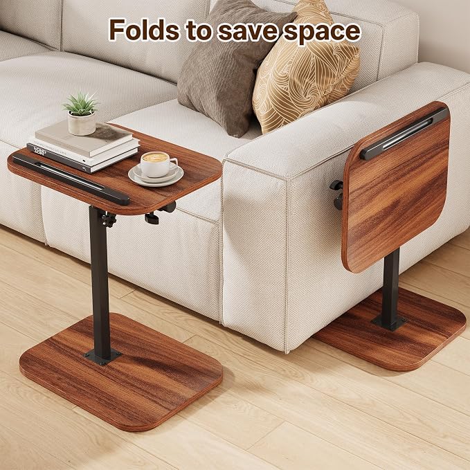 TV Tray Table, C Shaped End Table | Adjustable Height, Flip-Top, Snack Side Table with 360° Swivel and 180° Tilt, for Couch, Sofa, Bed, Recliner, Walnut
