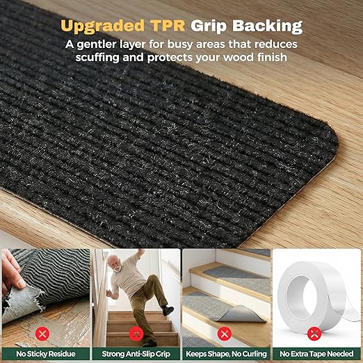 MBIGM Carpet Stair Treads for Wooden Steps, 7 Pack, 8" x 30", Black Stripe | Four-layer polyester carpet with PP grid base, nonwoven cushion and TPR adhesive backing adds indoor traction and comfort