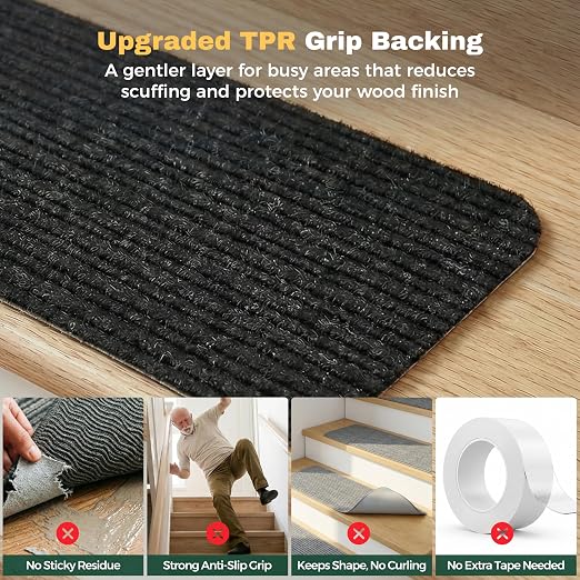 MBIGM Carpet Stair Treads for Wooden Steps, 15 Pack, 8" x 30", Black Stripe | Four-layer polyester carpet with PP grid base, nonwoven cushion and TPR adhesive backing adds indoor traction and comfort