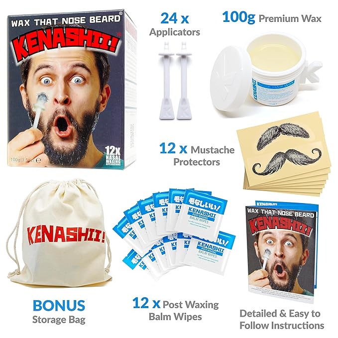KENASHII Nose Wax Kit | 100 g Wax, 24 Applicators | The Original & Best Nose and Ear Hair Removal Kit from Kenashii | Nasal Waxing For Men and Women | Includes Balm Wipes, Mustache Guards, Storage Bag