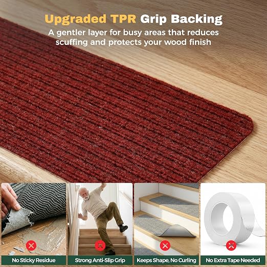 MBIGM Carpet Stair Treads for Wooden Steps, 15 Pack, 8" x 30", Red Stripe | Four-layer polyester carpet with PP grid base, nonwoven cushion and TPR adhesive backing adds indoor traction and comfort