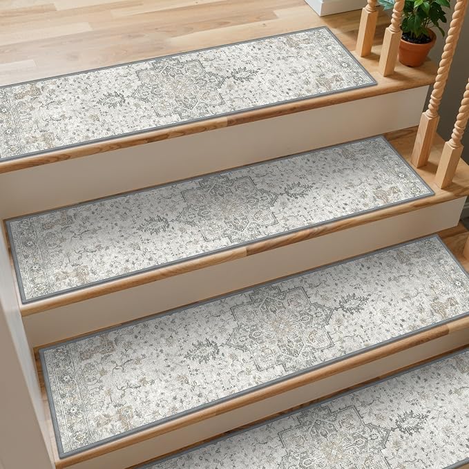 sarben 9"x36" Non Slip Stair Treads for Wooden Steps 15 Pack, Taupe | Peel and Stick Carpet Stair Runner with TPE Adhesive Backing, Carpet for Added Safety, Pet and Senior Friendly