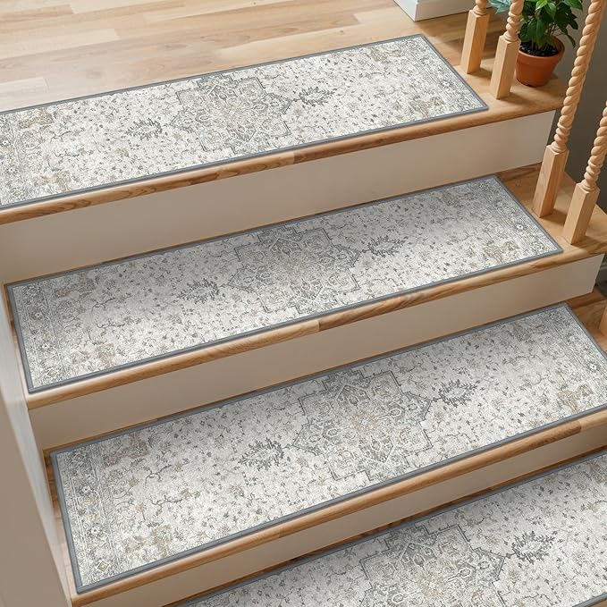 SARBEN 8"x36" Non Slip Stair Treads for Wooden Steps 15 Pack, Taupe | Peel and Stick Carpet Stair Runner with TPE Adhesive Backing, Carpet for Added Safety, Pet and Senior Friendly